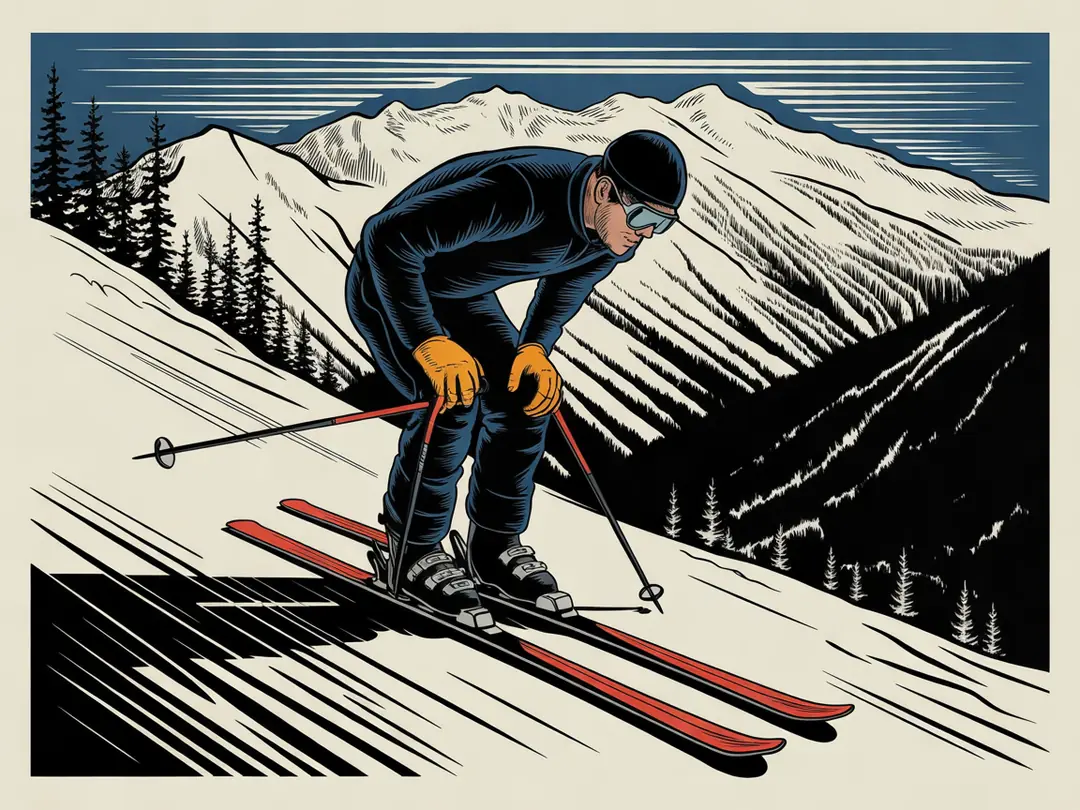 A tired skier crouched low on a steep run, drawn as a linocut print.