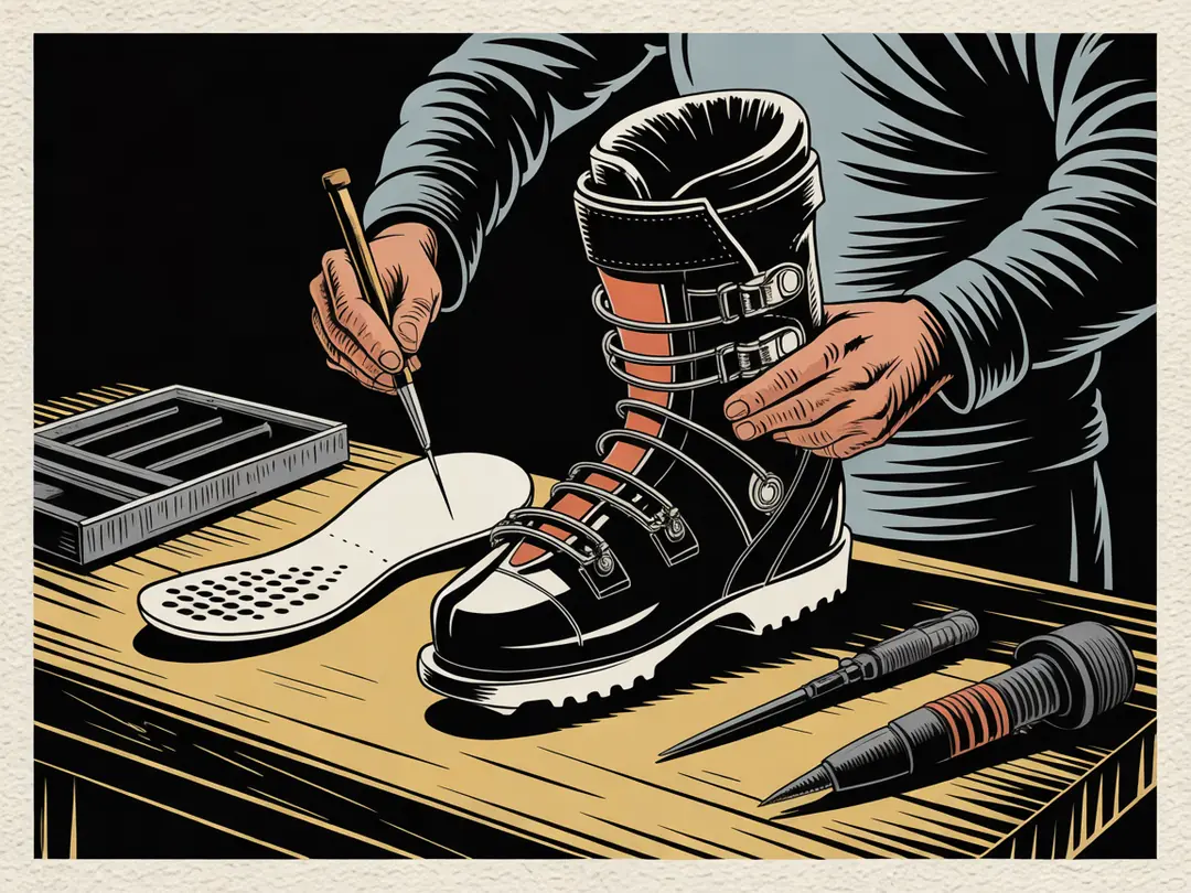 A boot fitter marking the shell of a ski boot at a workbench.