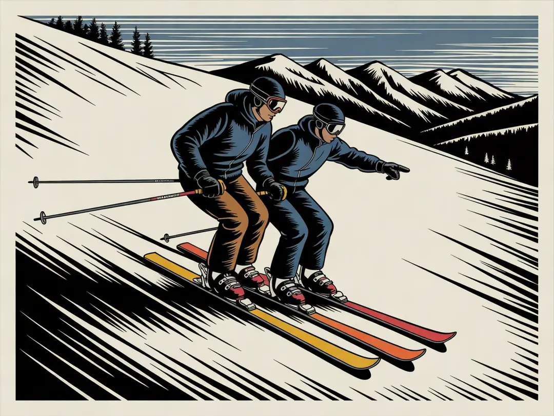 Illustration: an instructor and a student skiing a slope side by side.