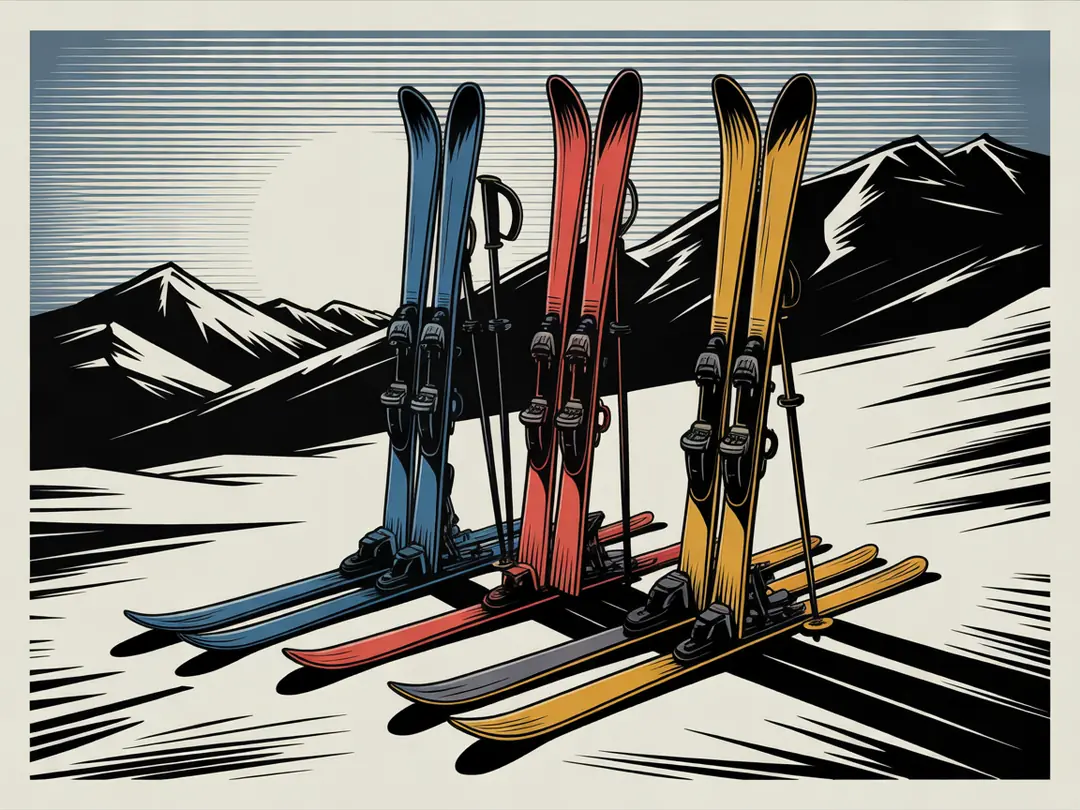Three pairs of skis standing in the snow in front of a mountain ridge, drawn as a linocut print.